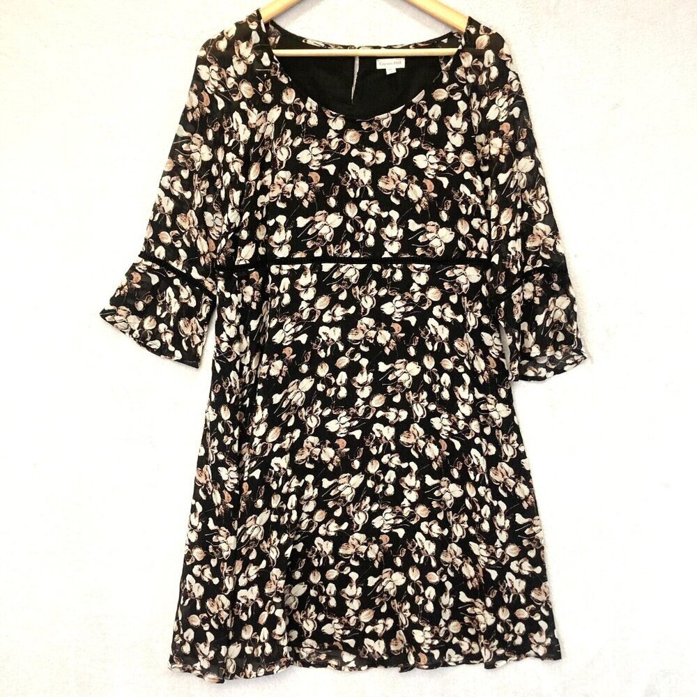 Garnet Hill 100% Silk Bell-Sleeve Dress Sz 6 Chiffon Floral Iris Black Knee NWOT